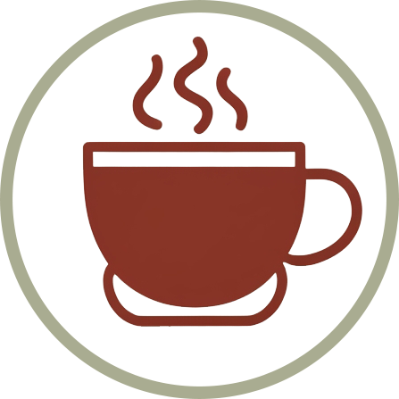 an icon picture of a steaming cup of coffee.