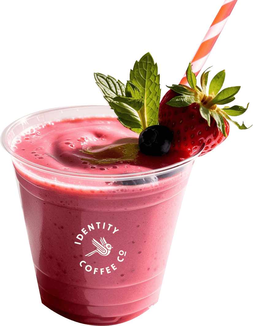 A photo of a refreshing strawberry smoothie from Identity Coffee.
